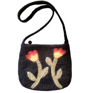 Felted Purse Black with Red and Yellow Flowers Long Strap